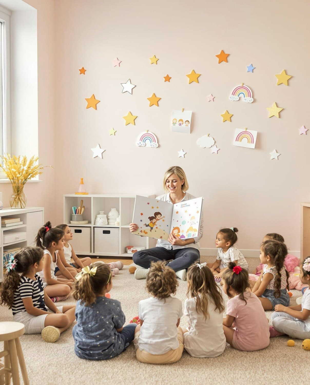 A teacher reading a story to a group of young children