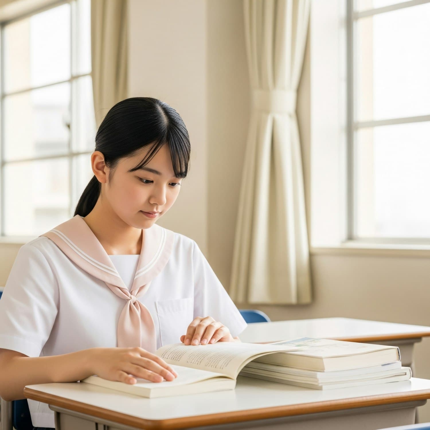 A student studying attentively in a bright classroom