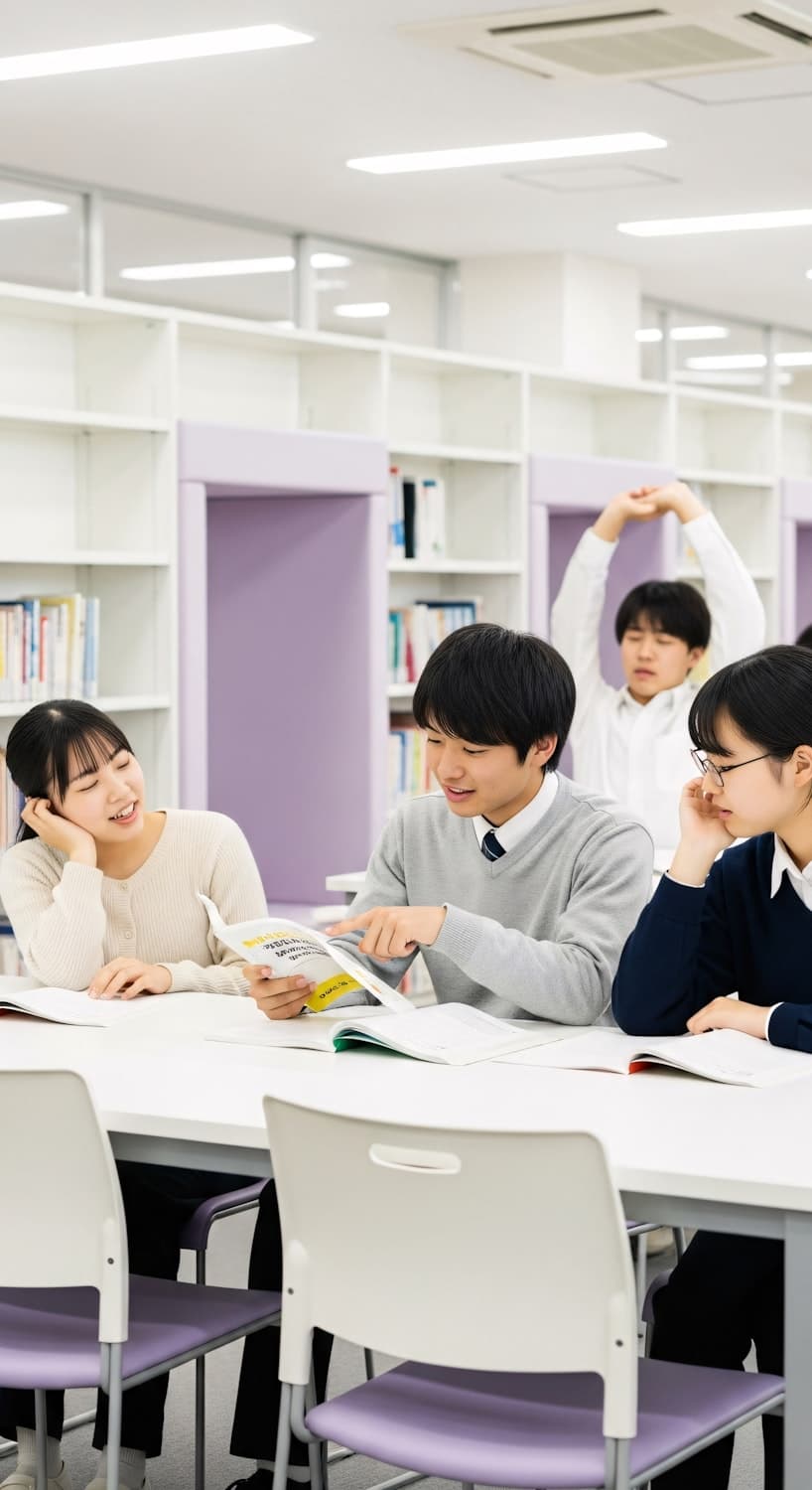 Students studying together in a bright library