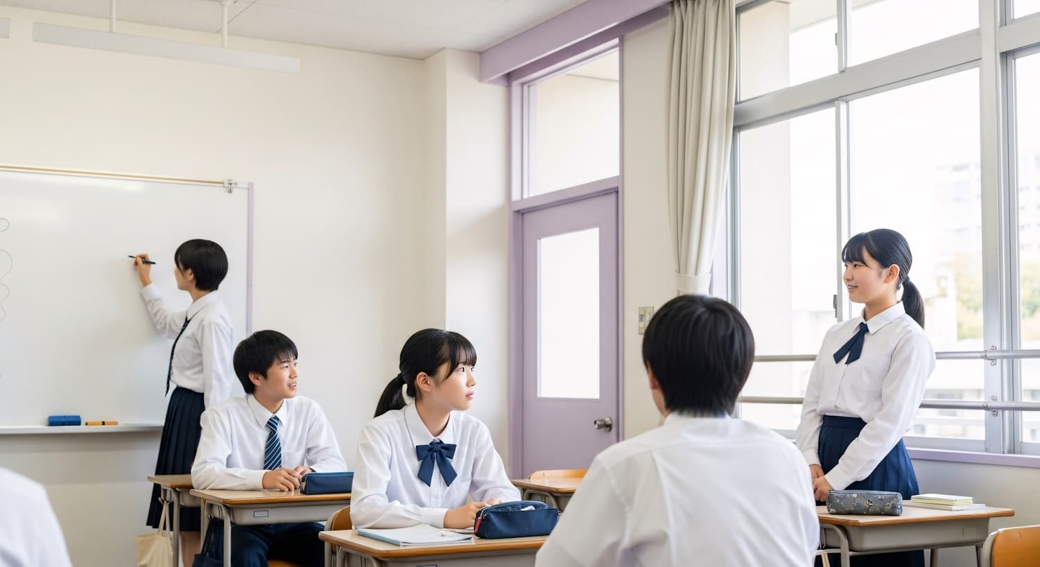 A bright classroom with students at their desks
